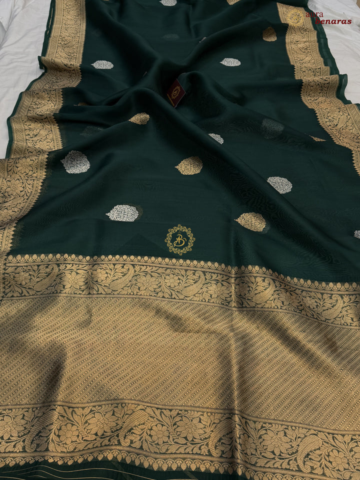 Bottle Green Pure Kora Silk Banarasi Saree AuraBenaras