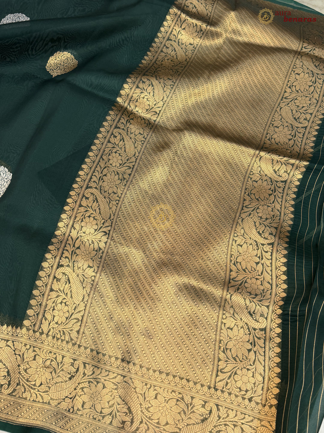 Bottle Green Pure Kora Silk Banarasi Saree AuraBenaras