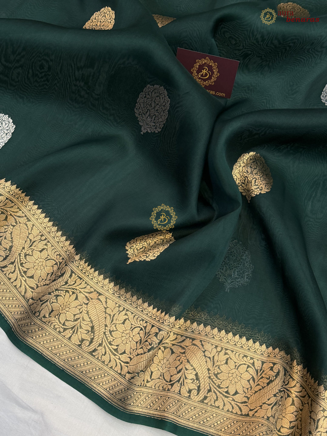 Bottle Green Pure Kora Silk Banarasi Saree AuraBenaras