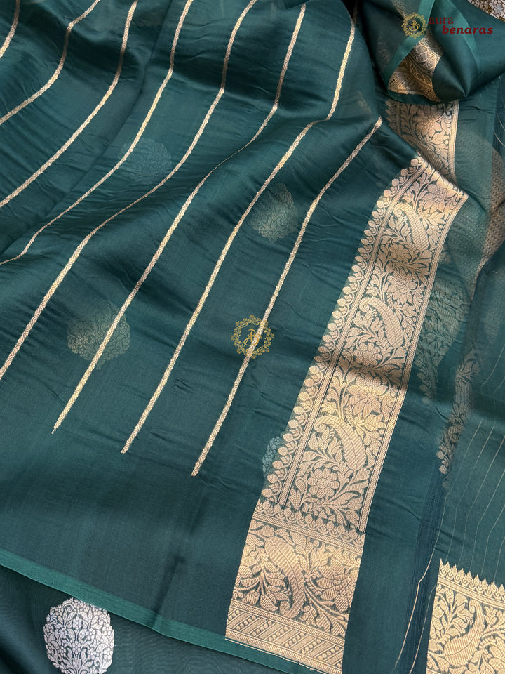 Bottle Green Pure Kora Silk Banarasi Saree AuraBenaras