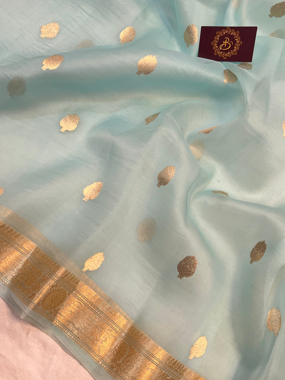 Pani Blue Banarasi Handloom Kora Silk Saree - Aura Benaras
