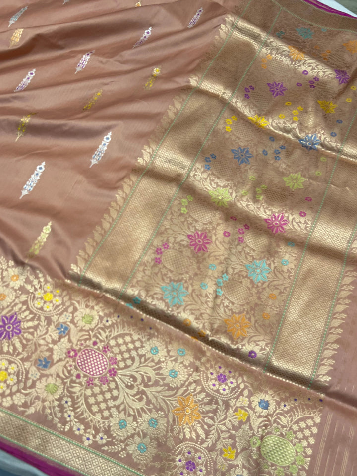 Apricot Peach Katan Silk Saree with Kadhwa Meenakari & Tilfi Border