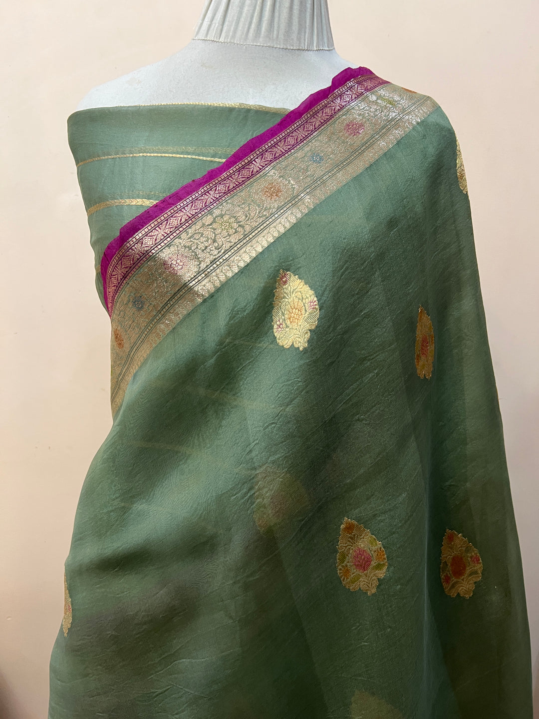 Sage Green Pure Kora Silk Handloom Banarasi Saree