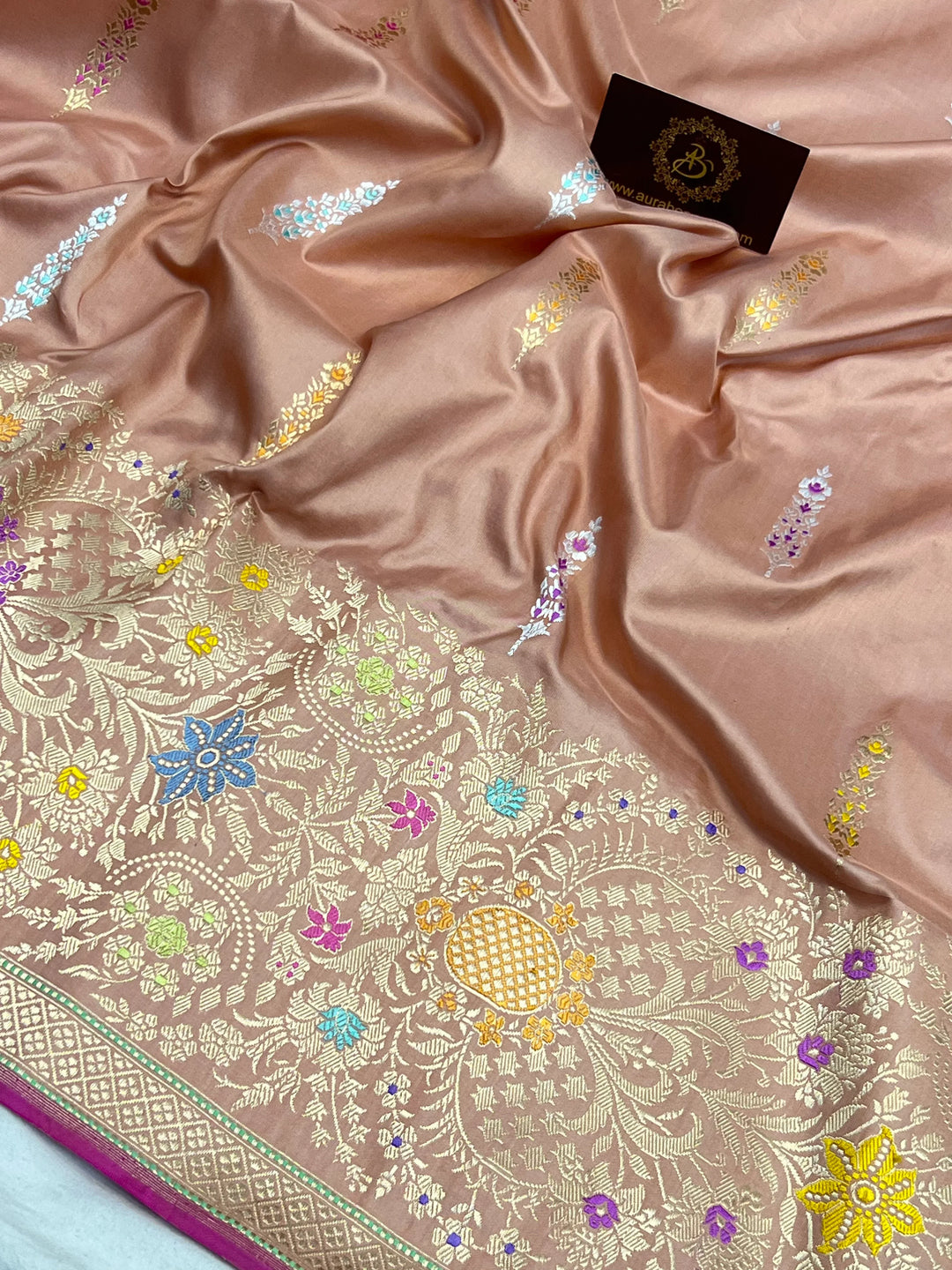 Apricot Peach Katan Silk Saree with Kadhwa Meenakari & Tilfi Border