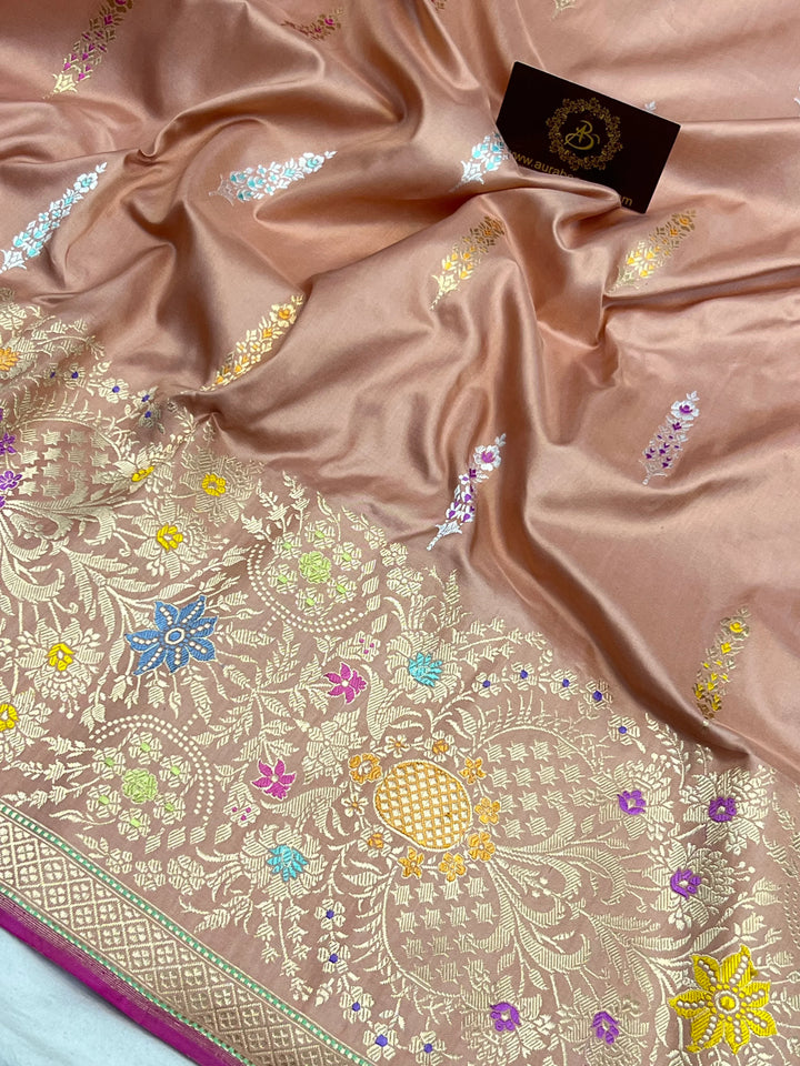 Apricot Peach Katan Silk Saree with Kadhwa Meenakari & Tilfi Border