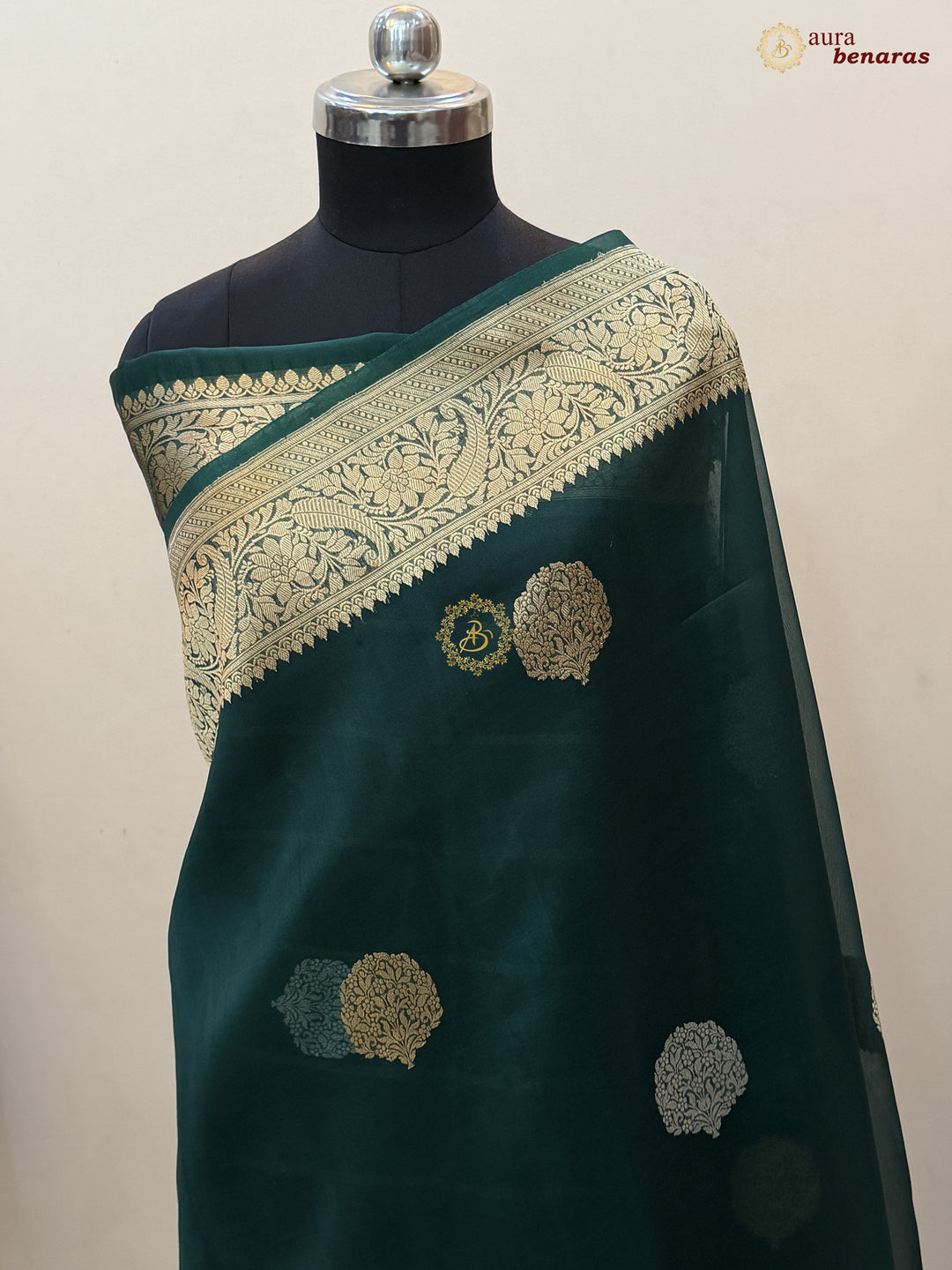 Bottle Green Pure Kora Silk Banarasi Saree AuraBenaras