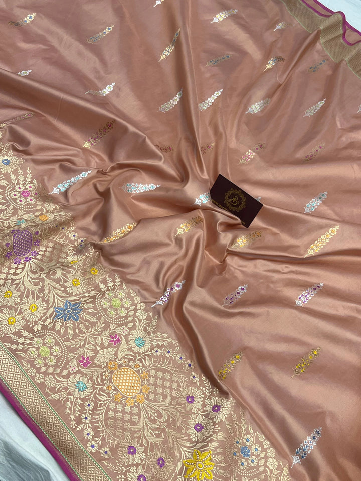 Apricot Peach Katan Silk Saree with Kadhwa Meenakari & Tilfi Border