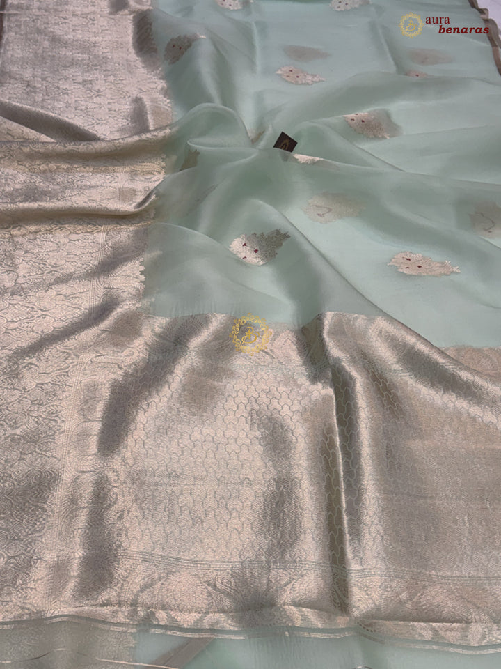 Pastel Mint Green Pure Kora Silk Handloom Banarasi Saree 