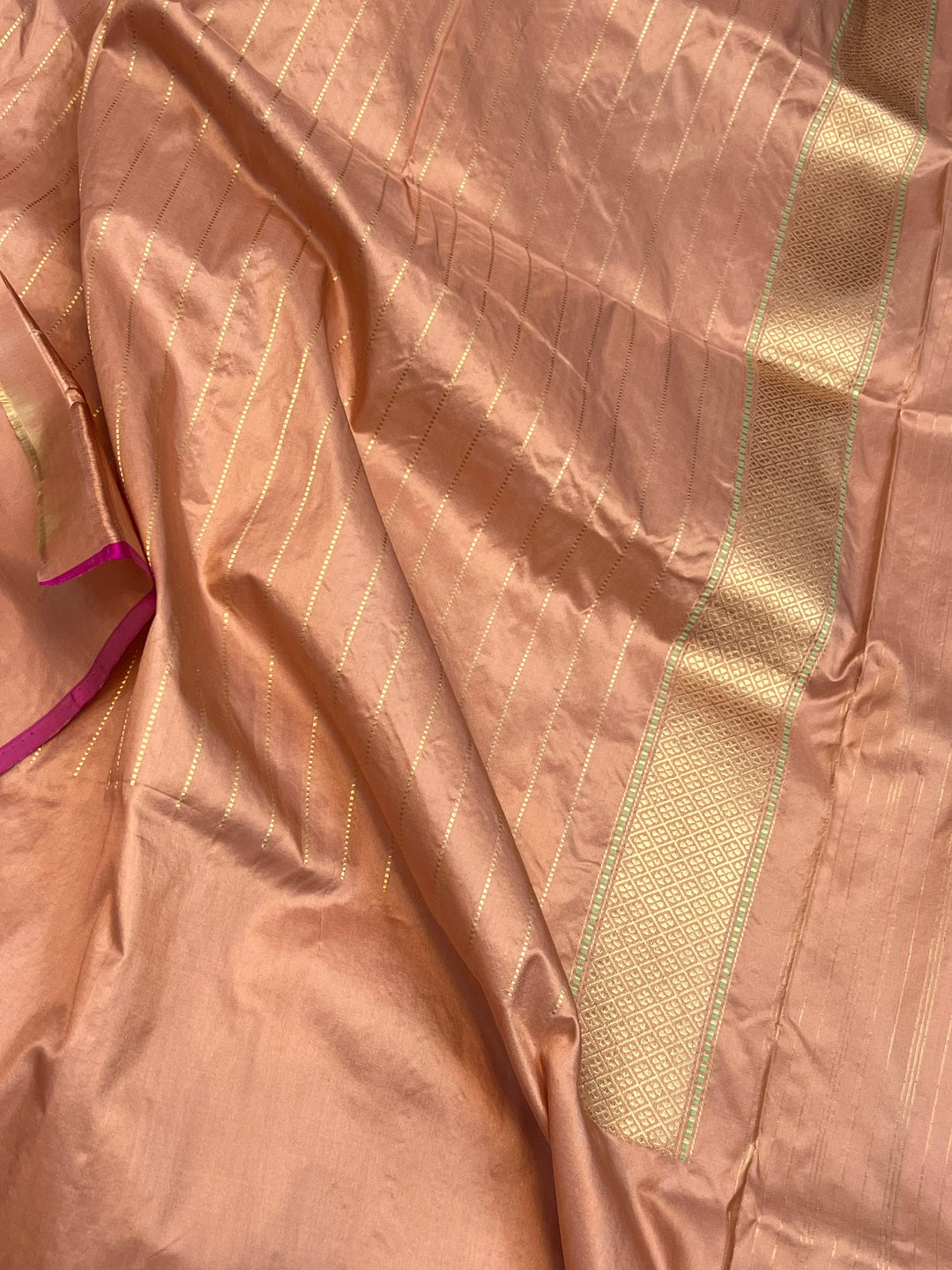 Apricot Peach Katan Silk Saree with Kadhwa Meenakari & Tilfi Border