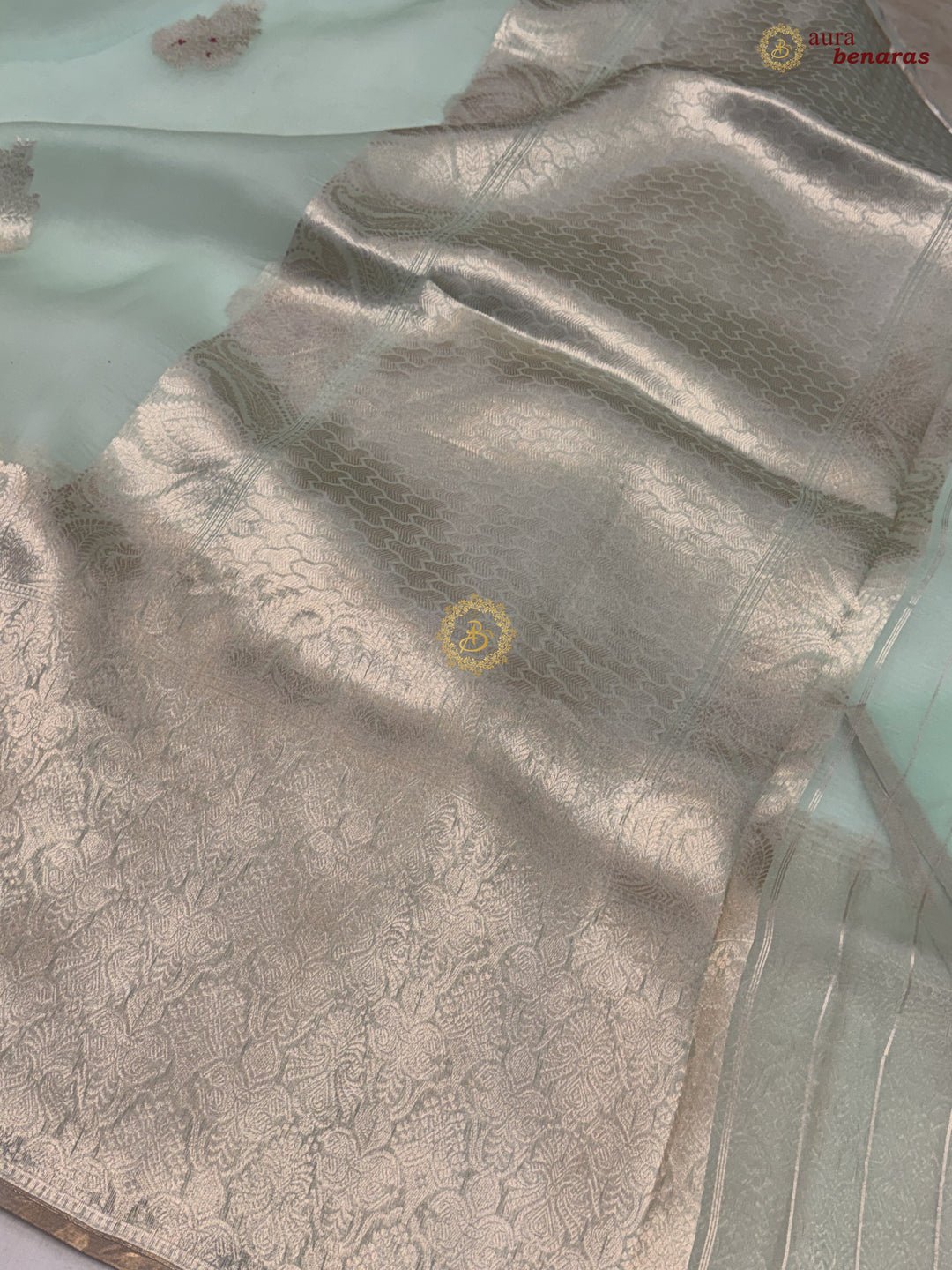 Pastel Mint Green Pure Kora Silk Handloom Banarasi Saree 