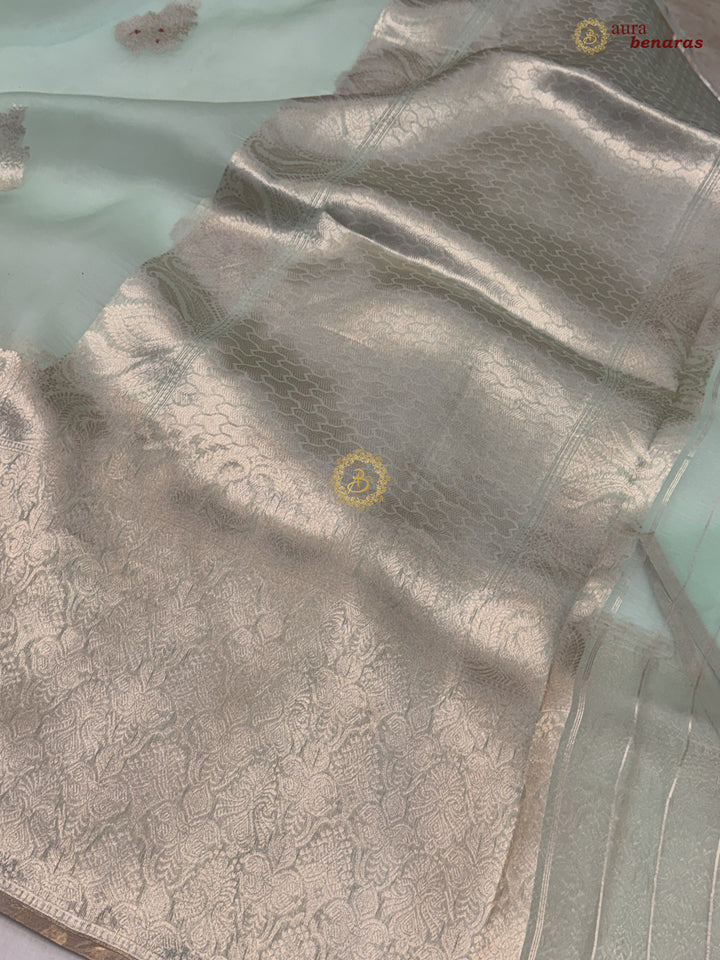 Pastel Mint Green Pure Kora Silk Handloom Banarasi Saree 