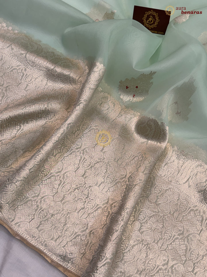 Pastel Mint Green Pure Kora Silk Handloom Banarasi Saree 
