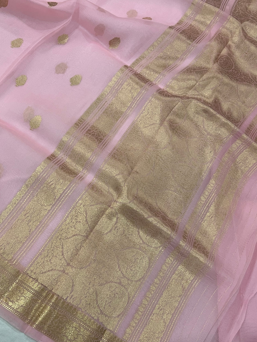 Pani Pink Banarasi Handloom Kora Silk Saree - Aura Benaras