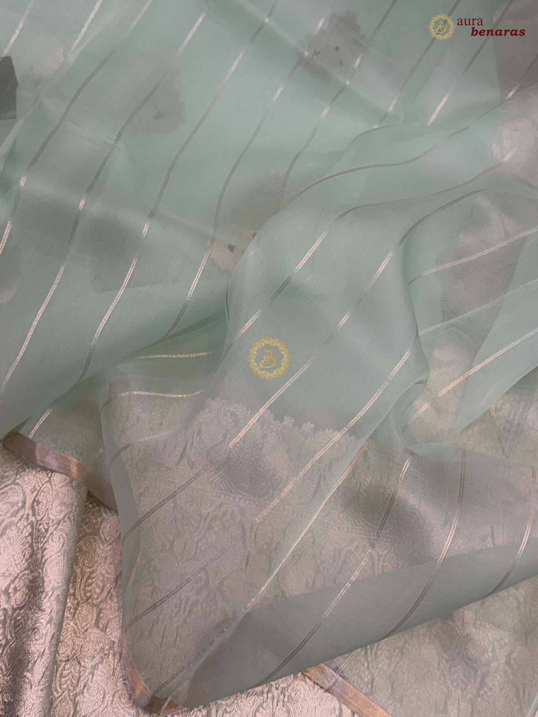 Pastel Mint Green Pure Kora Silk Handloom Banarasi Saree 