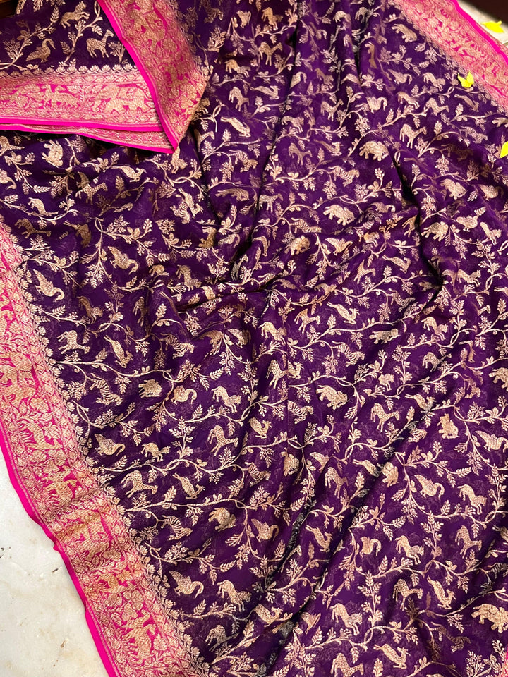 Purple Banarasi Khaddi Georgette Saree - Aura Benaras
