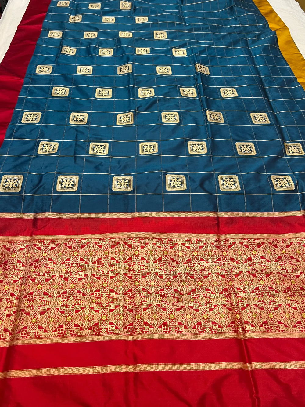 Peacock Katan Silk Saree with Checks, Butas & Ganga Jamuna Border