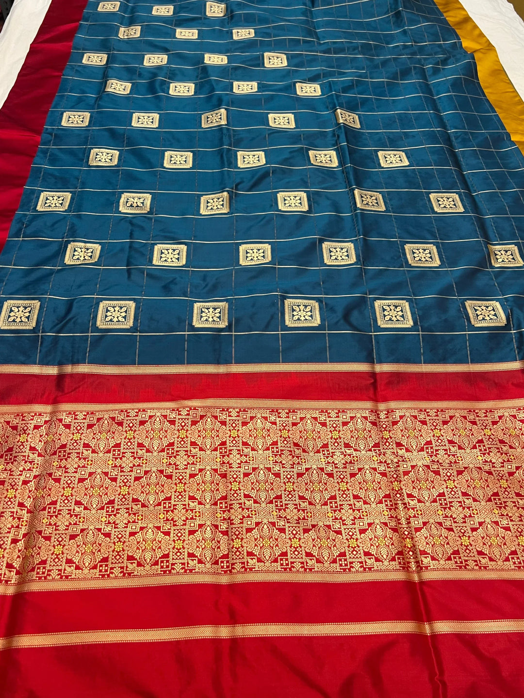 Peacock Katan Silk Saree with Checks, Butas & Ganga Jamuna Border