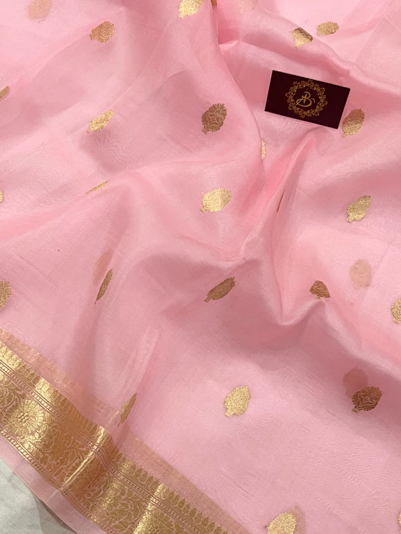 Pani Pink Banarasi Handloom Kora Silk Saree