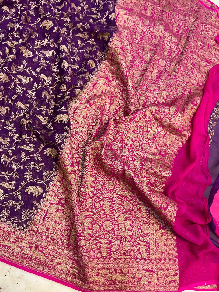 Purple Banarasi Khaddi Georgette Saree - Aura Benaras