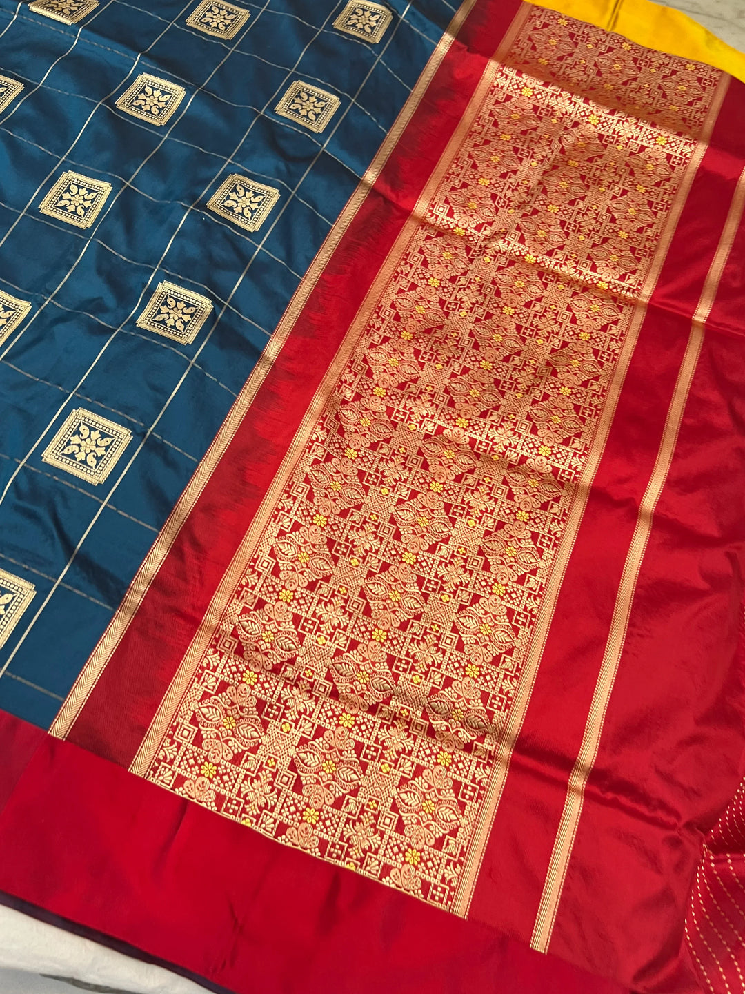 Peacock Katan Silk Saree with Checks, Butas & Ganga Jamuna Border