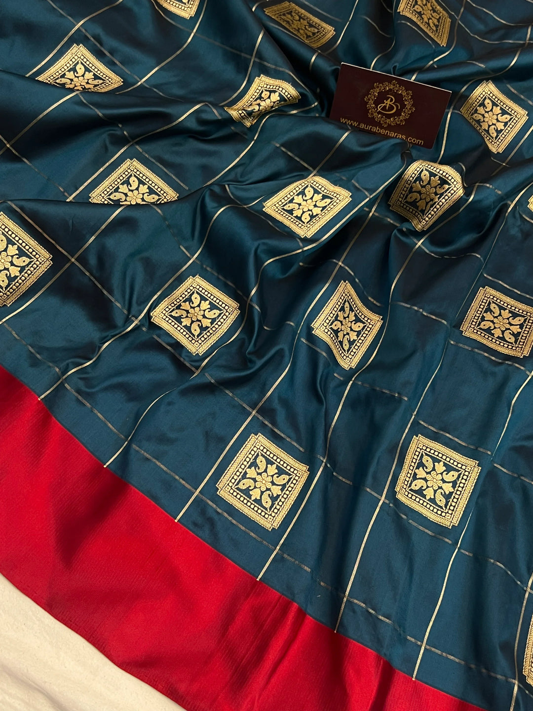 Peacock Katan Silk Saree with Checks, Butas & Ganga Jamuna Border