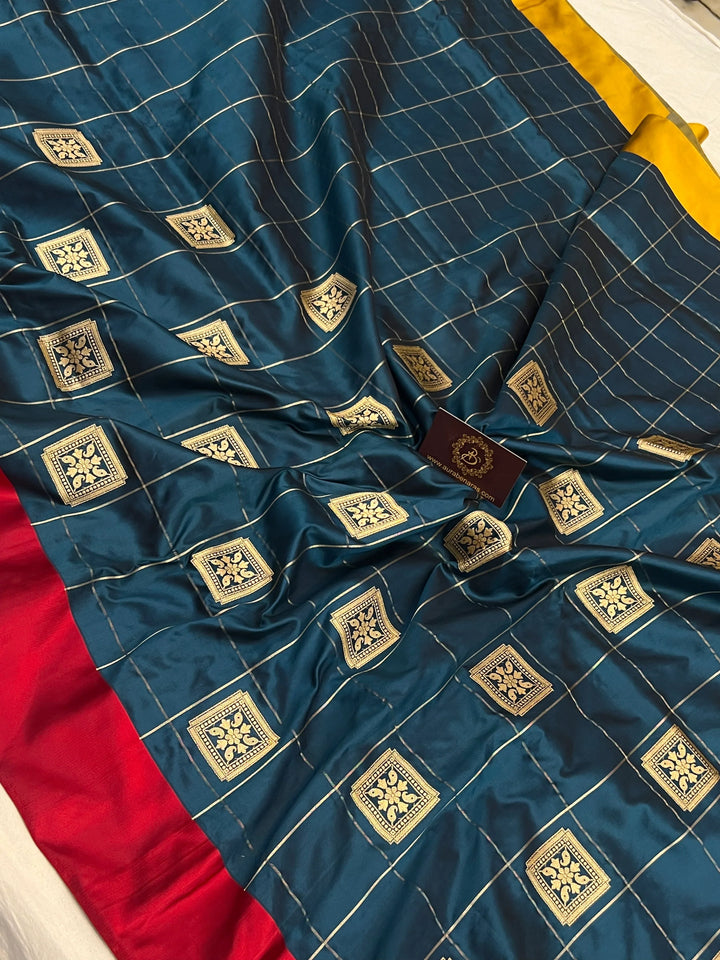 Peacock Katan Silk Saree with Checks, Butas & Ganga Jamuna Border