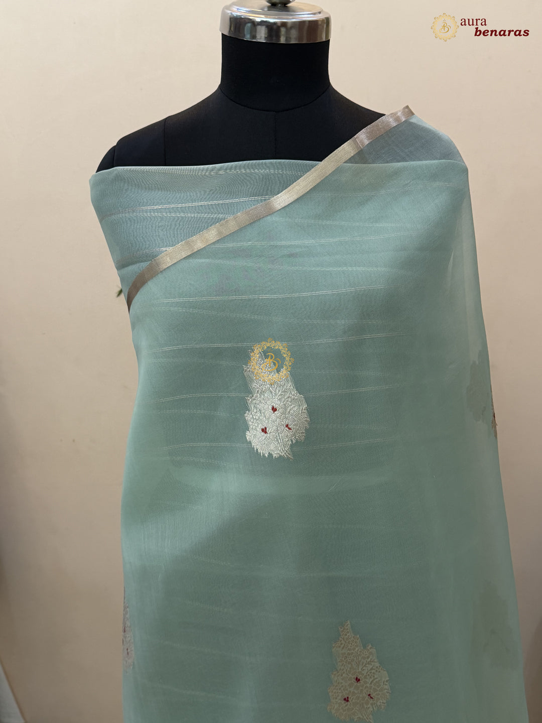Pastel Mint Green Pure Kora Silk Handloom Banarasi Saree 