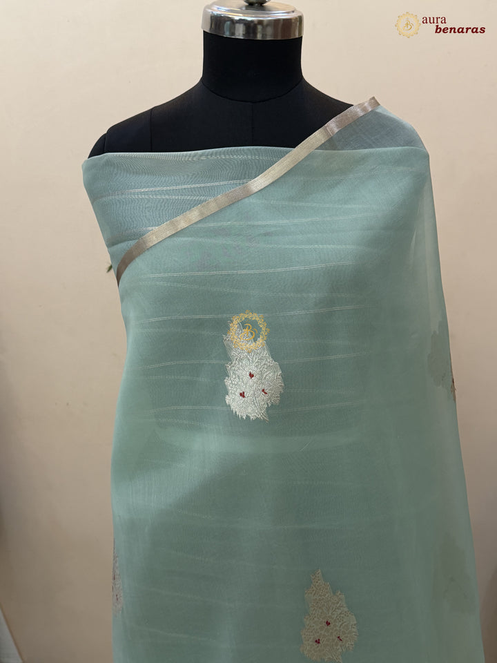 Pastel Mint Green Pure Kora Silk Handloom Banarasi Saree 