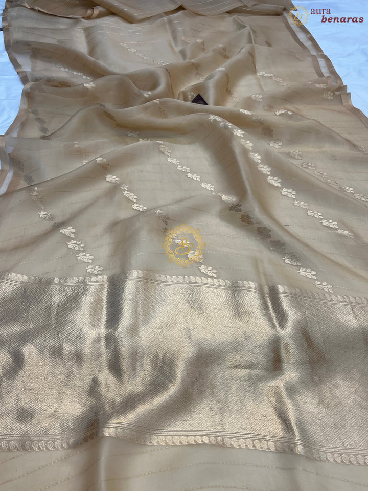 Beige Pure Banarasi Handloom Kora Silk Saree