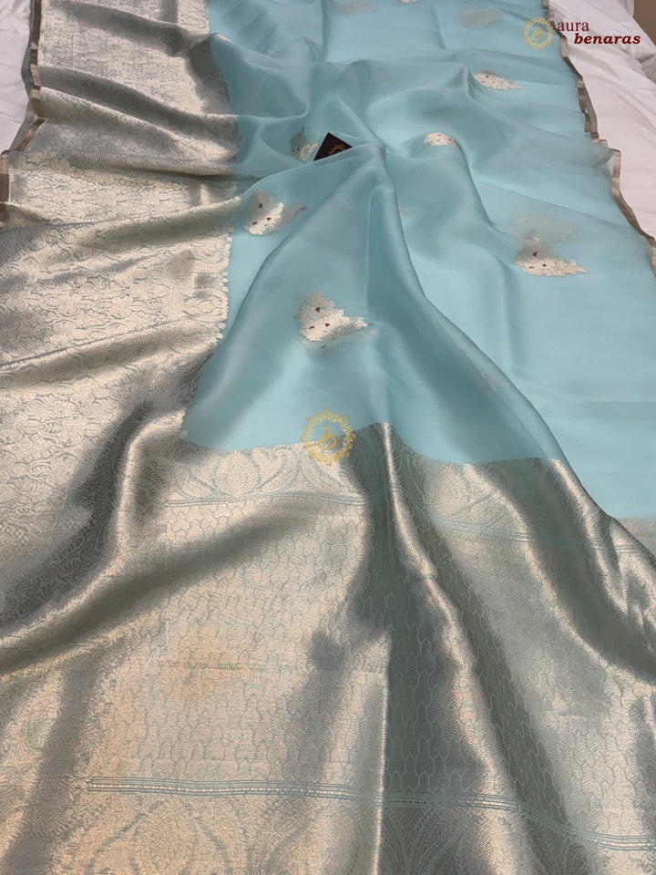 Sky Blue Pure Kora Silk Handloom Banarasi Saree 