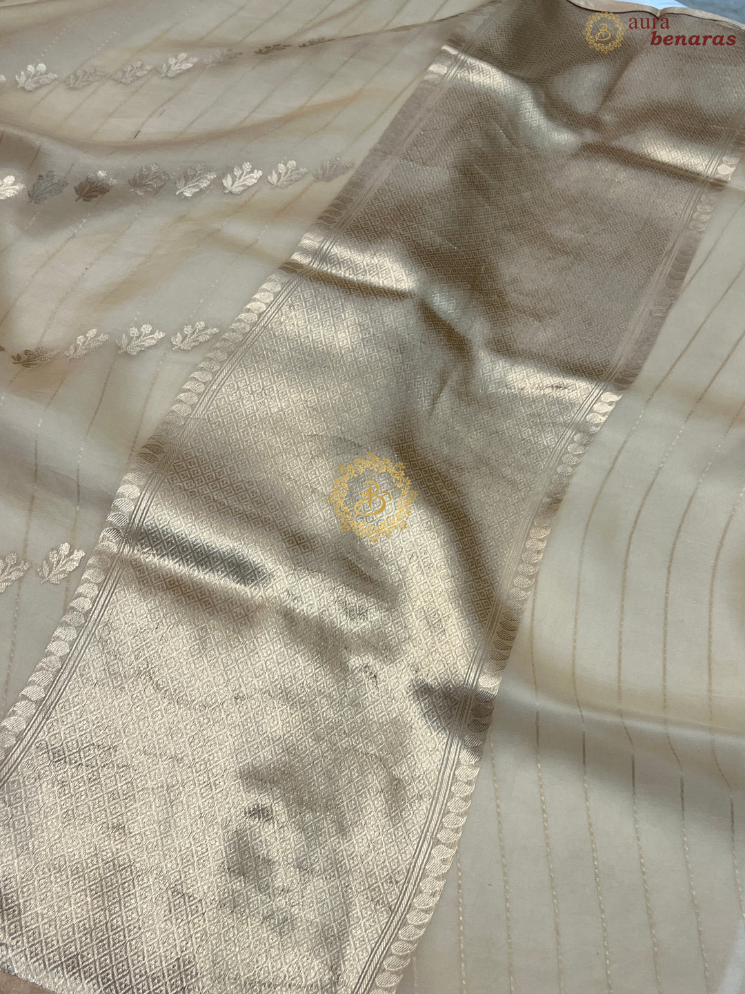 Beige Pure Banarasi Handloom Kora Silk Saree