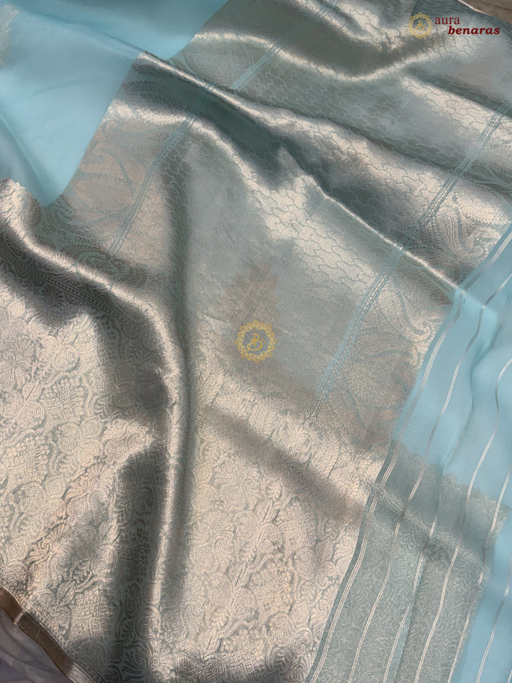 Sky Blue Pure Kora Silk Handloom Banarasi Saree 
