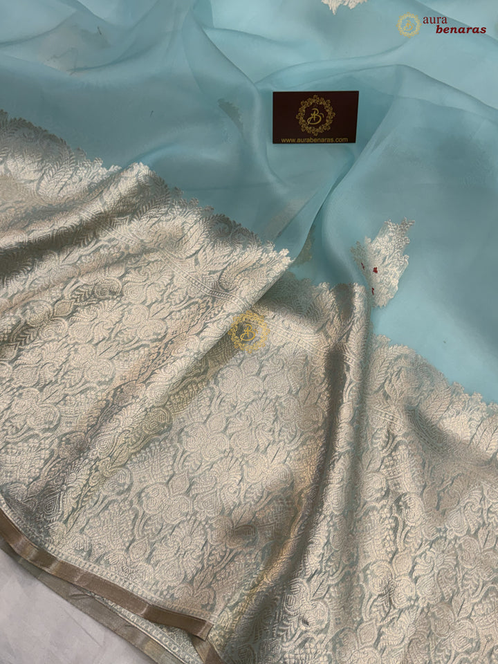 Sky Blue Pure Kora Silk Handloom Banarasi Saree 