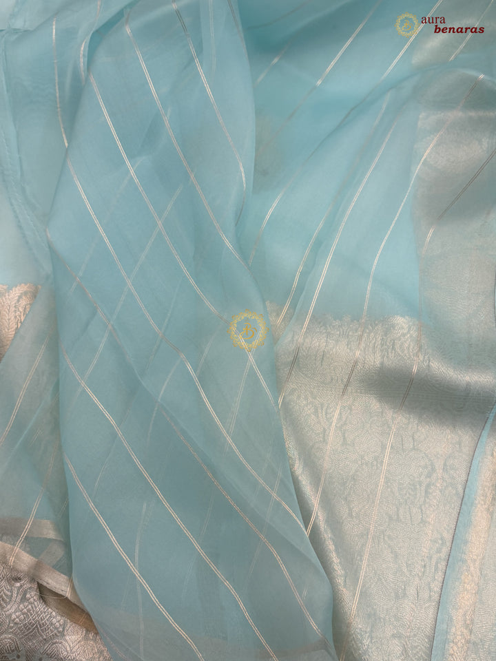 Sky Blue Pure Kora Silk Handloom Banarasi Saree 