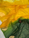 Yellow Green Shaded Banarasi Handloom Kora Silk Saree - Aura Benaras