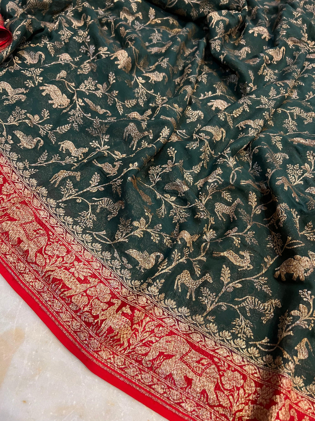 Bottle Green Banarasi Khaddi Georgette Saree - Aura Benaras