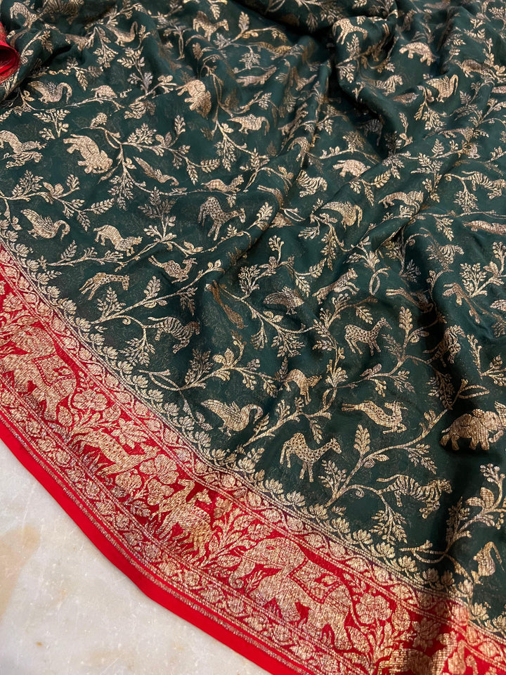 Bottle Green Banarasi Khaddi Georgette Saree - Aura Benaras