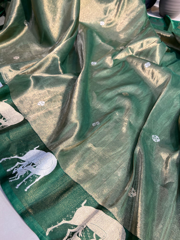 Bottle Green Pure Banarasi Handloom Silk Saree - Aura Benaras