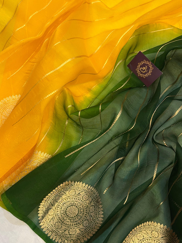 Yellow Green Shaded Banarasi Handloom Kora Silk Saree - Aura Benaras
