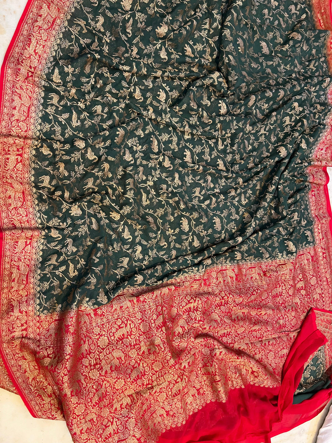 Bottle Green Banarasi Khaddi Georgette Saree - Aura Benaras