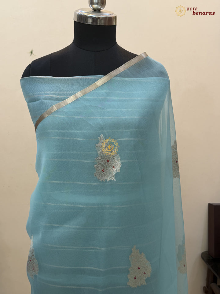 Sky Blue Pure Kora Silk Handloom Banarasi Saree 