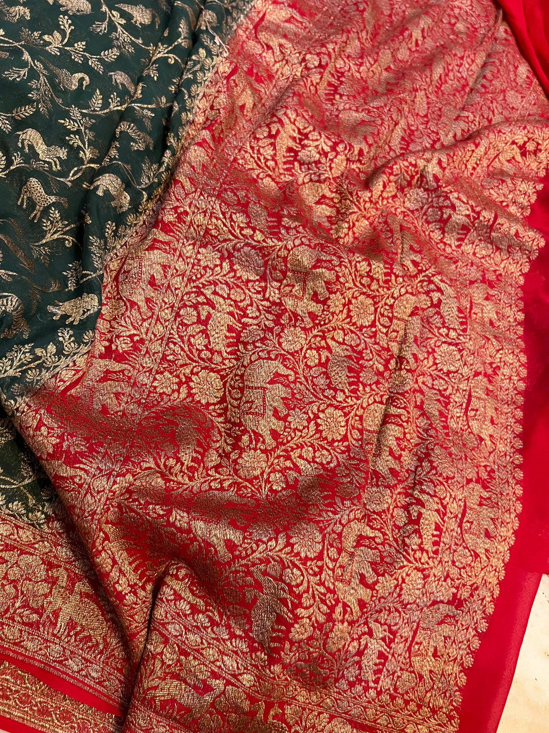 Bottle Green Banarasi Khaddi Georgette Saree - Aura Benaras