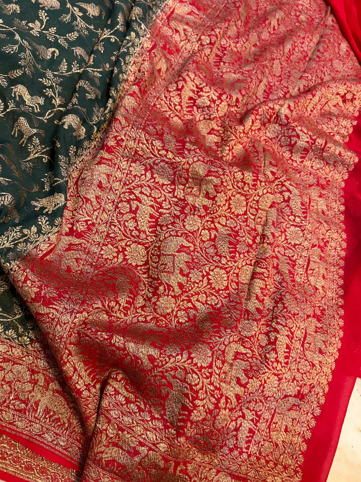 Bottle Green Banarasi Khaddi Georgette Saree - Aura Benaras