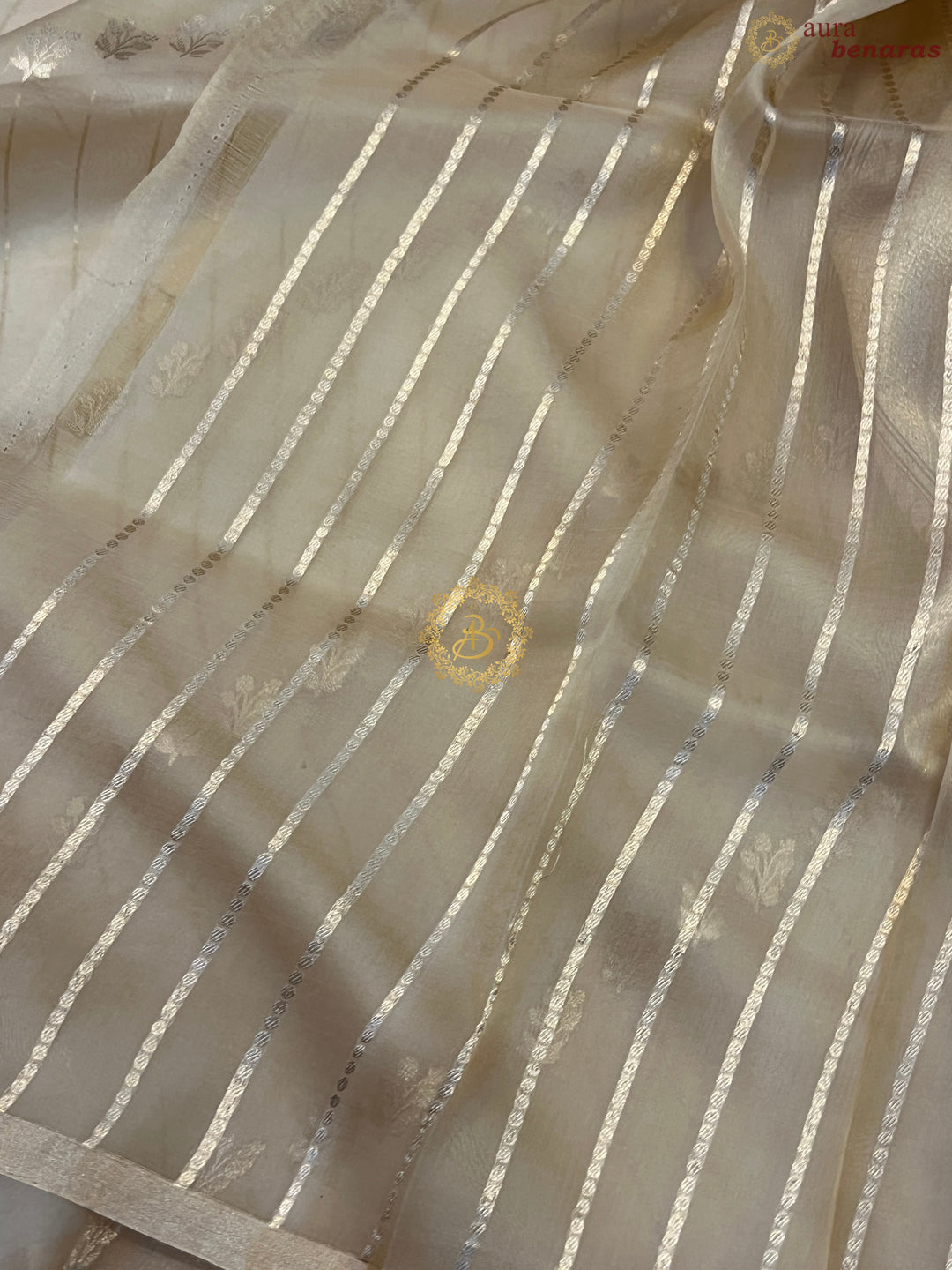 Beige Pure Banarasi Handloom Kora Silk Saree