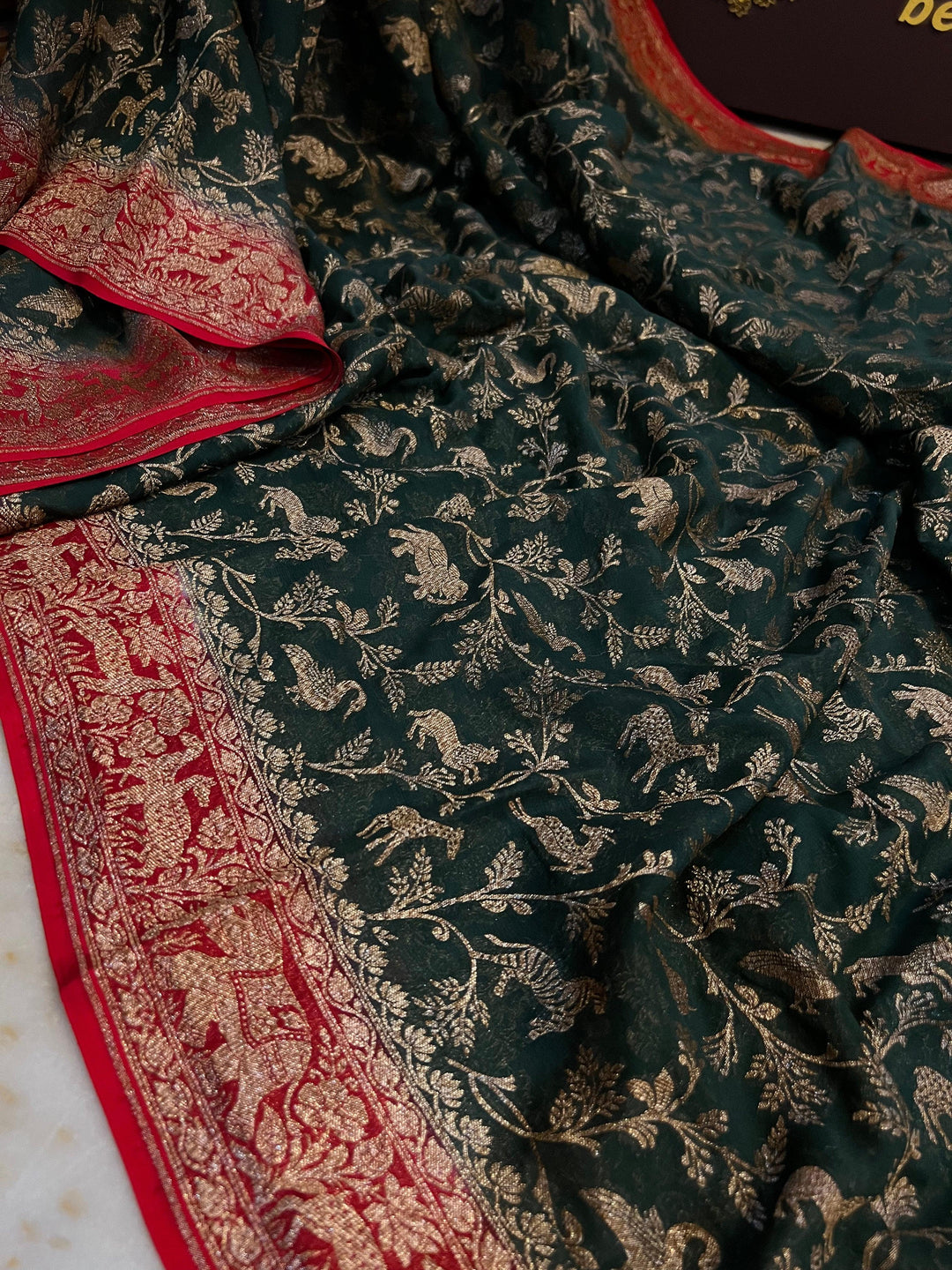 Bottle Green Banarasi Khaddi Georgette Saree - Aura Benaras