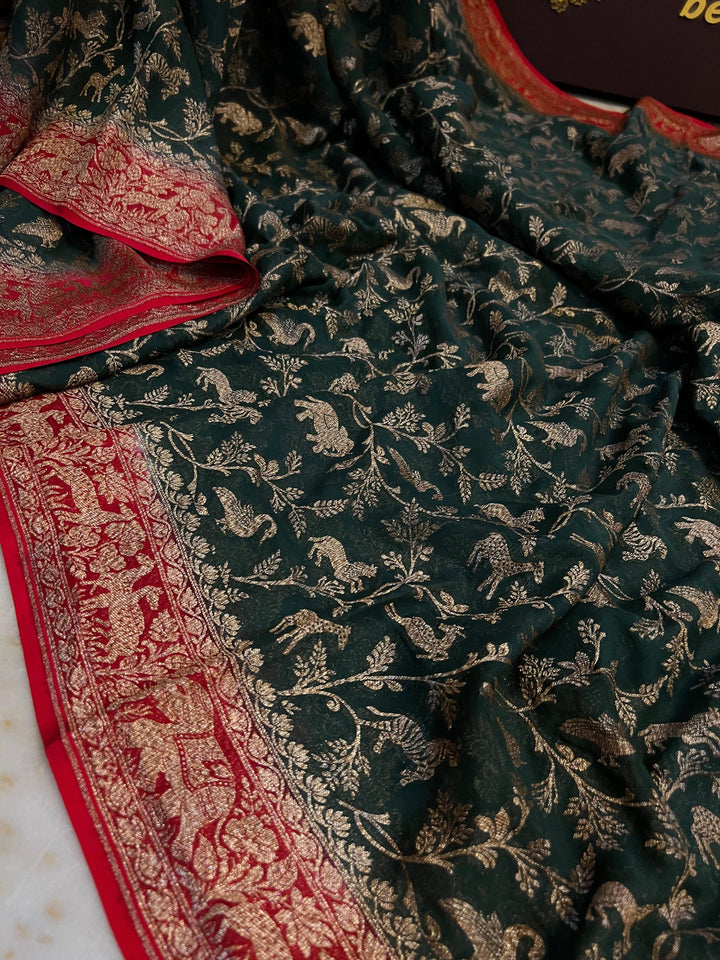 Bottle Green Banarasi Khaddi Georgette Saree - Aura Benaras