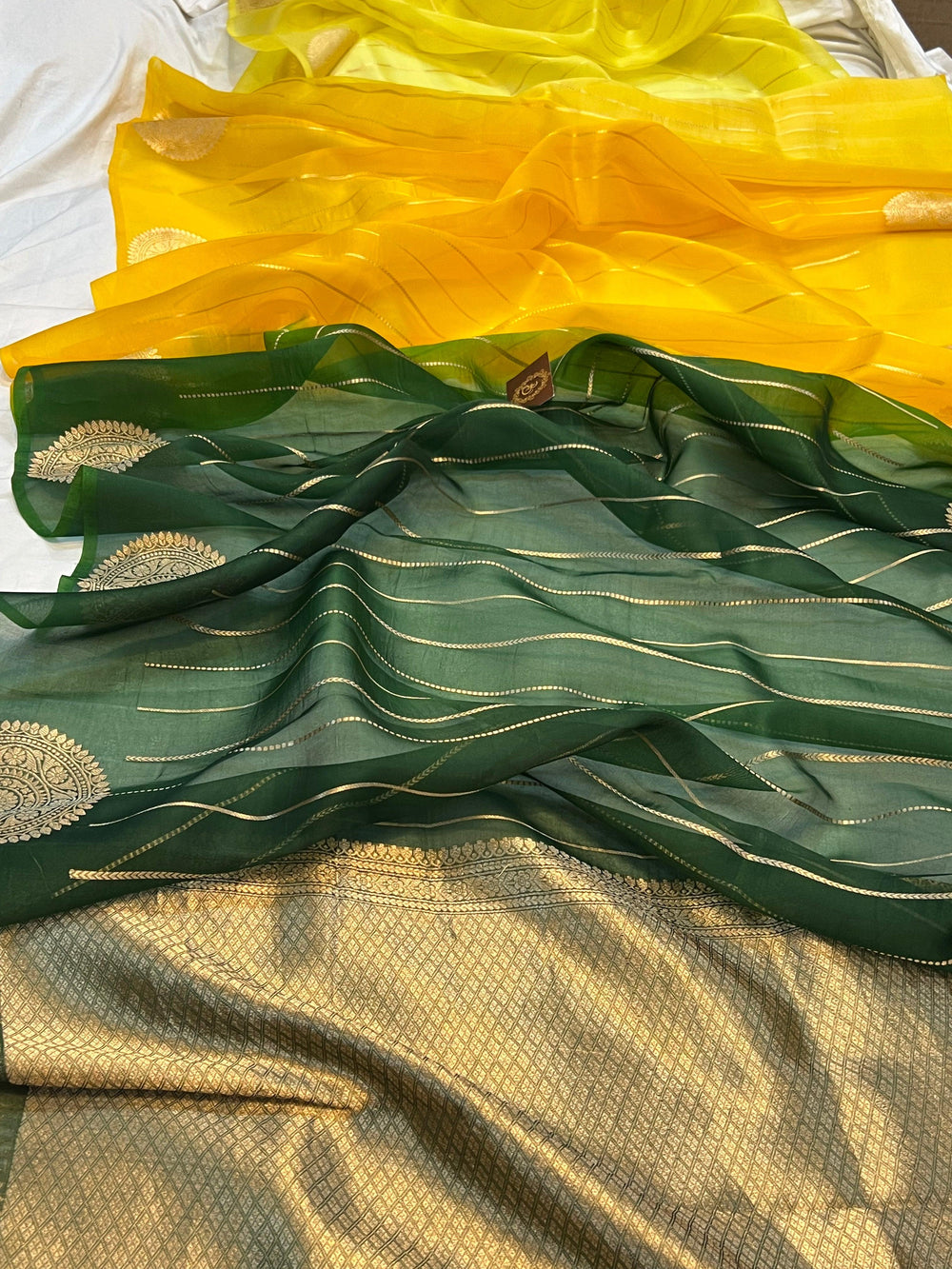 Yellow Green Shaded Banarasi Handloom Kora Silk Saree - Aura Benaras