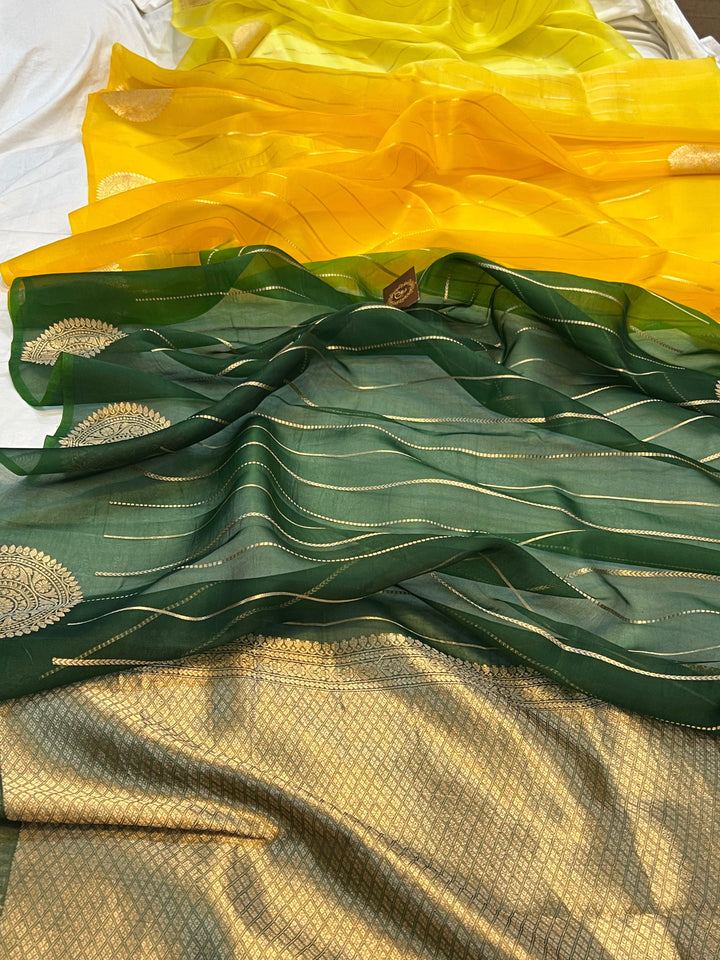 Yellow Green Shaded Banarasi Handloom Kora Silk Saree - Aura Benaras