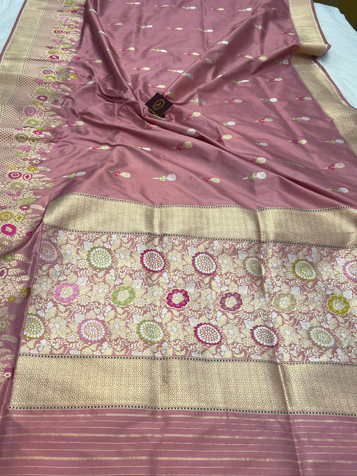Rose Gold Katan Silk Saree with Kadhwa Meenakari Buti & Border
