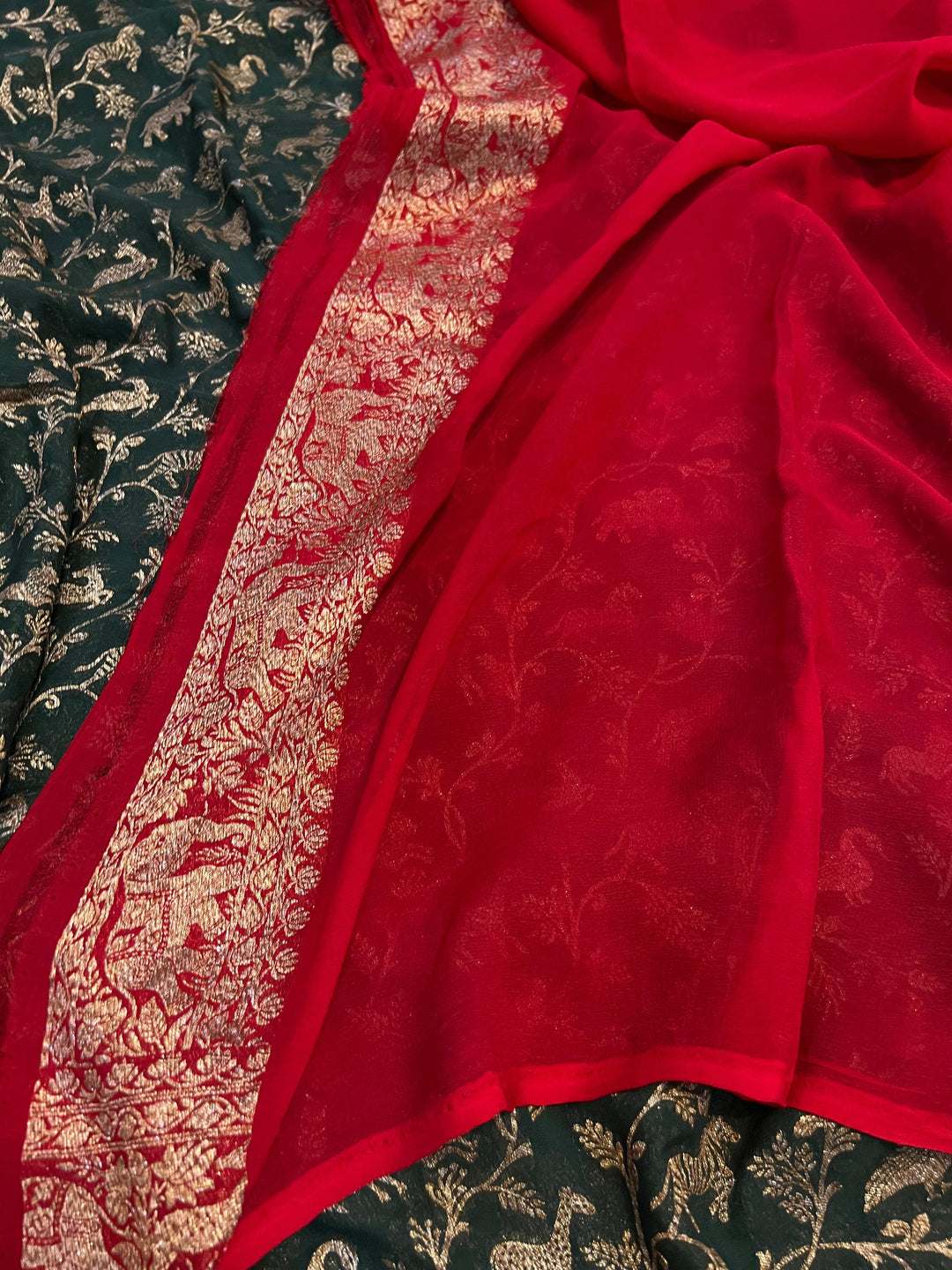 Bottle Green Banarasi Khaddi Georgette Saree - Aura Benaras